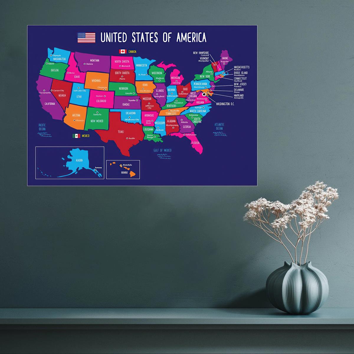 Canvas Poster Modern Art Map Usa 50 States Capitals Canvas - Temu