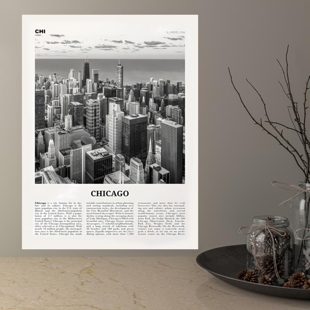 1pc Affiche En Toile, Art Vintage, Impression De La Ville De Chicago En Noir  Et Blanc