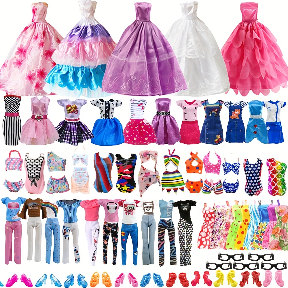 

30pcs Random Set Including 7 Suspenders, 3 Swimsuits, 3 Fashion Skirts, 2 Half-pack Wedding Dresses, 5 Glasses, 10 Shoes, Suitable For 30cm Dolls, Birthday, Christmas, Thanksgiving Day Gift