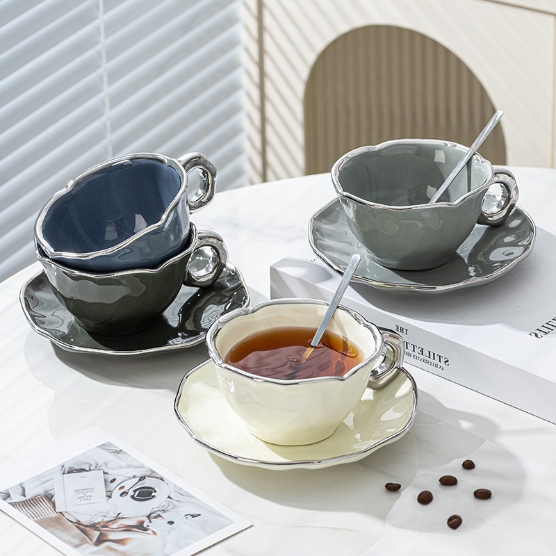 Highly Aesthetic Coffee Cup, High-end And Exquisite, Designed For English  Afternoon Tea, With Vintage Ceramic Cup And Saucer. Silver Trim With Trendy  Colors, Includes Cup, Saucer, And Spoon In The Coffee Set.