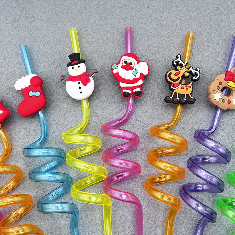 6pcs Christmas Straws Reusable Plastic Spiral Drinking Straws with