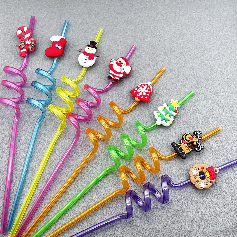 6pcs Christmas Straws Reusable Plastic Spiral Drinking Straws with