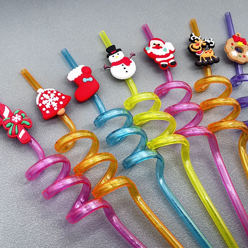 6pcs Christmas Straws Reusable Plastic Spiral Drinking Straws with