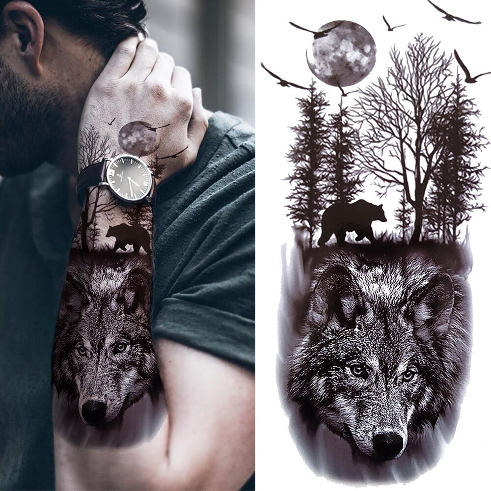 Black Forest Wolf tatuajes temporales manga para hombres y mujeres, soldado  falso, brújula, ojo, tatuaje, pegatina, brazo completo, juegos de tatuajes  lavables