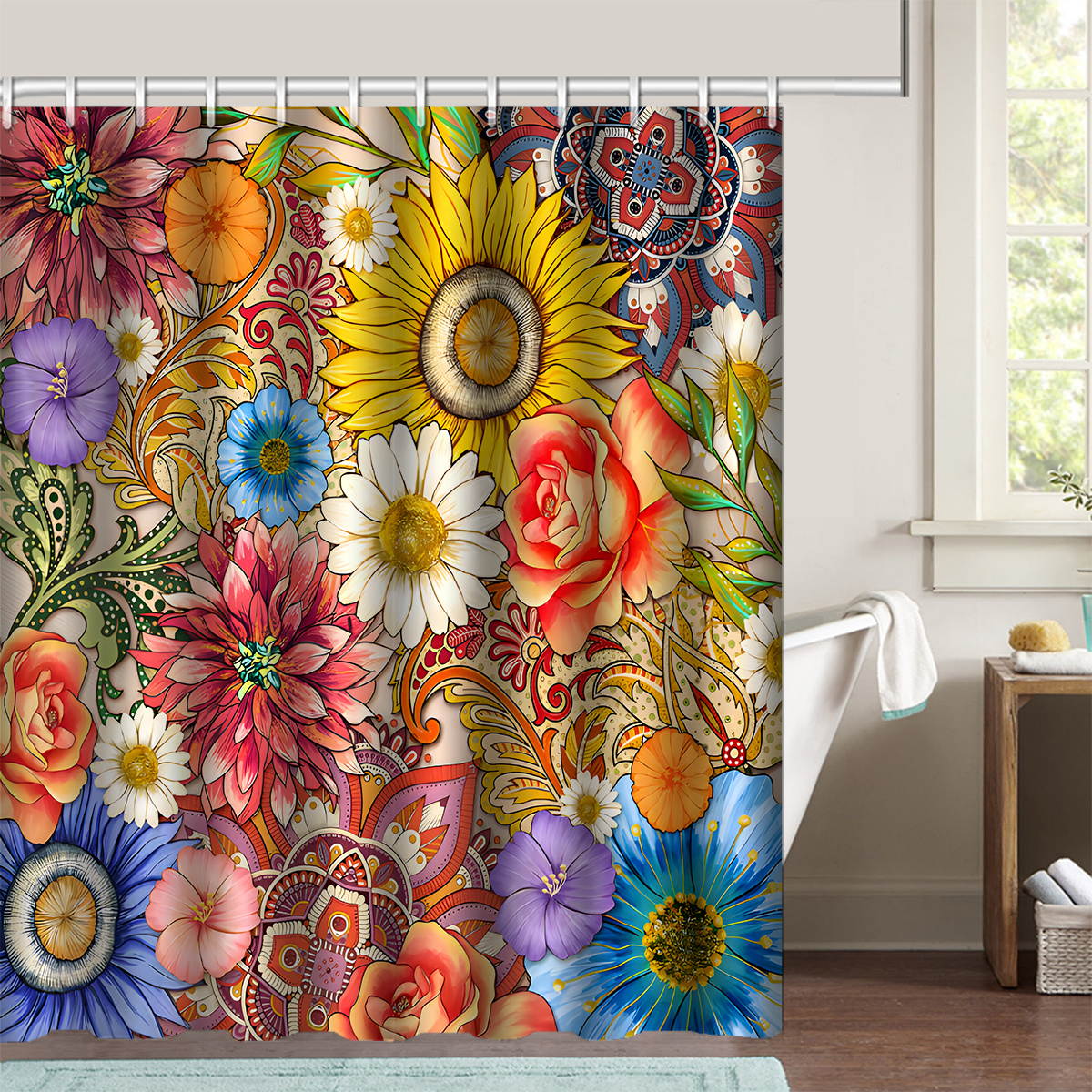 Floral Shower Curtain With 12 Hooks, Waterproof Polyester Shower