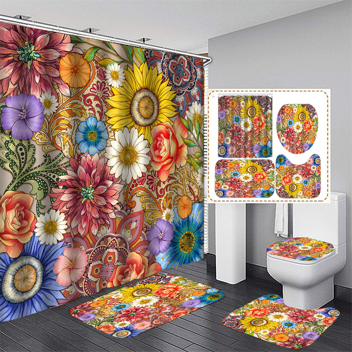 Flower Shower Curtain Colorful Boho 12 Hooks Vintage Floral - Temu