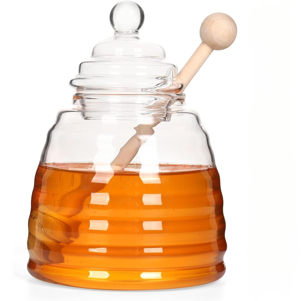  Pure Vie Dispensador de miel sin goteo de vidrio para hornear,  dispensador de miel con soporte antideslizante y tapa abatible, ideal para  jarabe, azúcar, salsas, condimentos, llenado rápido : Hogar y