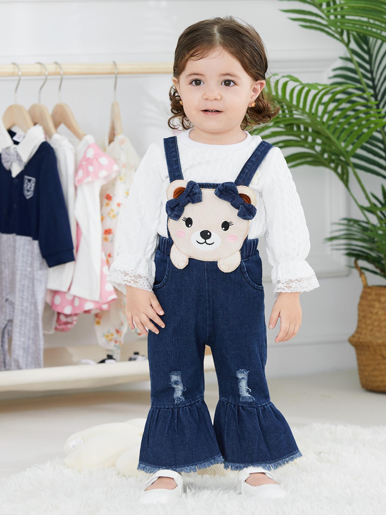 2pcs Baby Girl 3D Stuffed Animal Design Ripped Denim Overalls Shorts and Striped Short-sleeve Tee Set