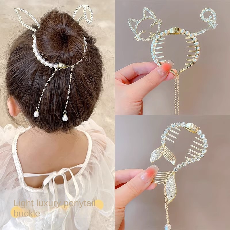 

Kids Cute Cat Rhinestone Claw Clips, Faux Pearl Ponytail Buckle Hairpin For Girls