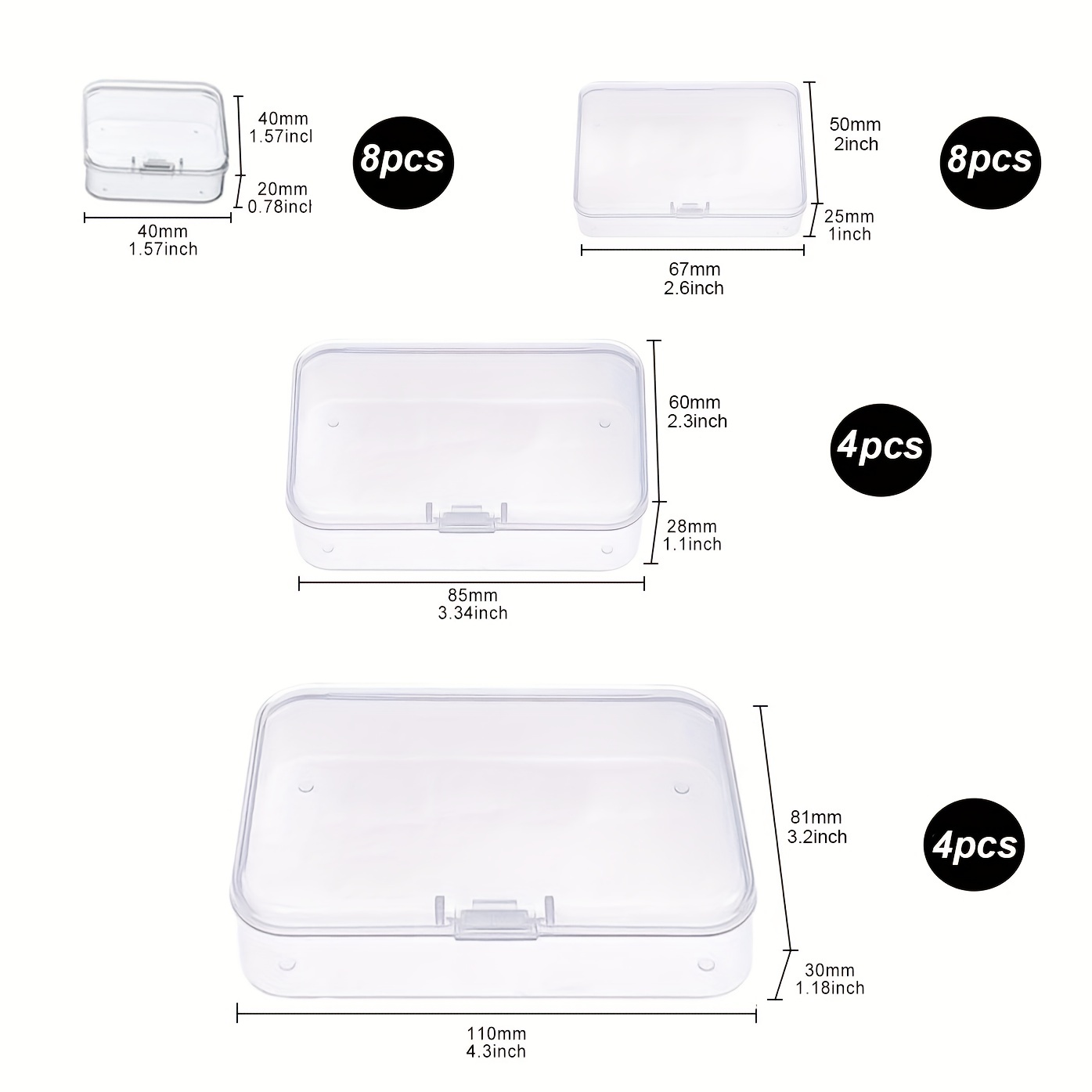 24 Pieces Mixed Sizes Rectangular Empty Mini Clear Plastic Organizer  Storage Box Containers with Hinged Lids for Small Items and