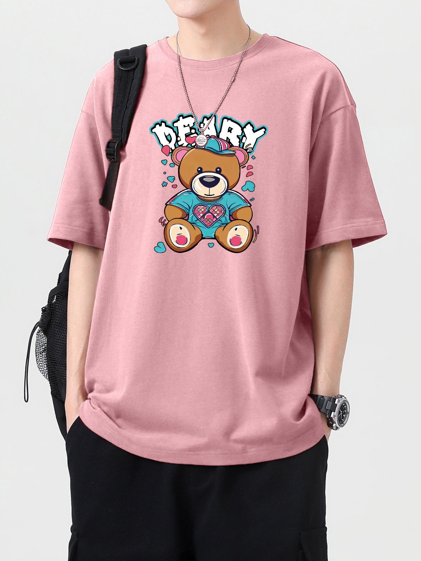 Plus Size Men's Stylish Anime Coffee/bear/coral Graphic Print T