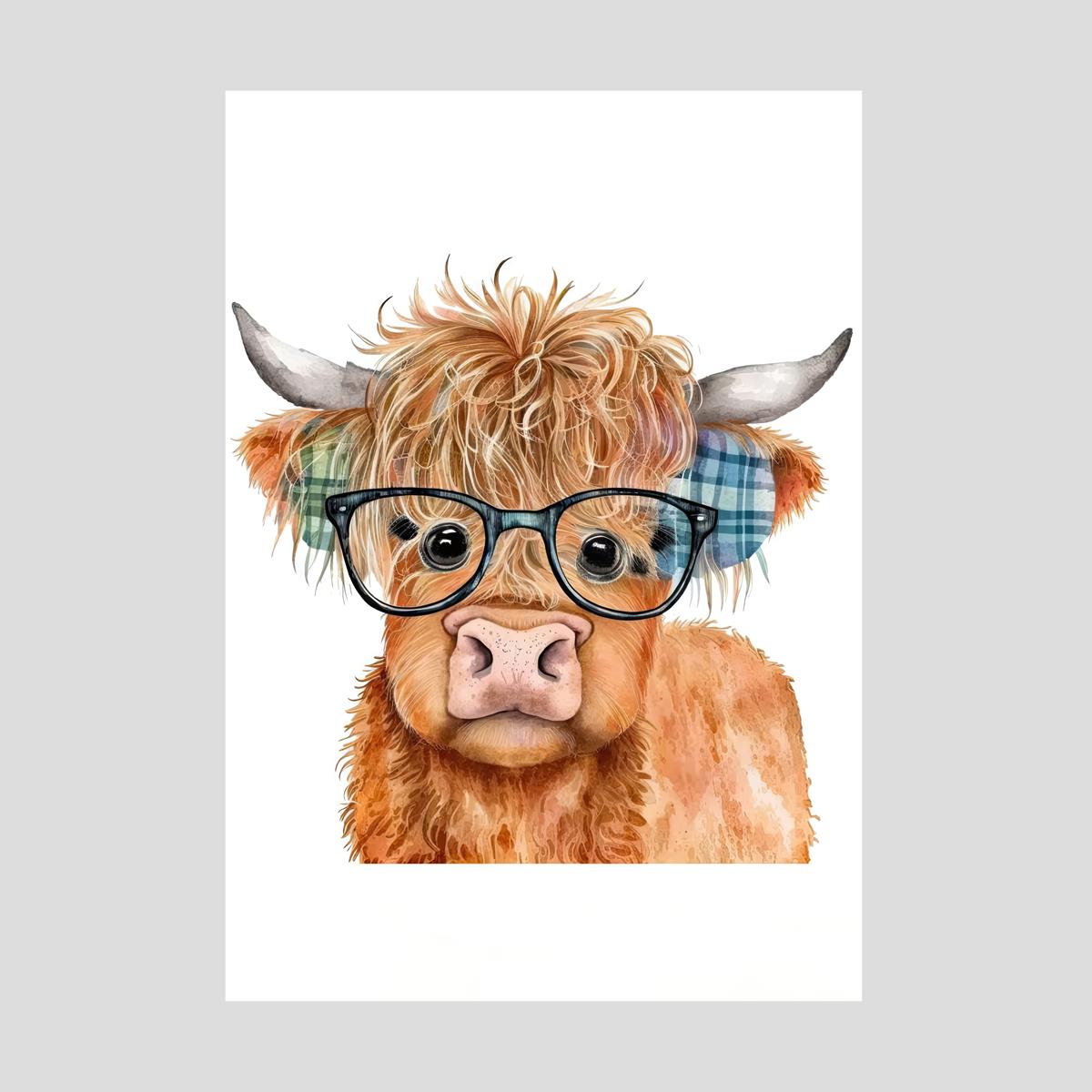 Funny farm animals highland cow with glasses novelty cotton tea towel