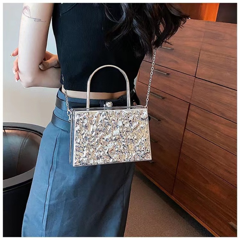 Metal Handle Box Design Women Party Clutch Bag 2022 New Shoulder Chain  Purse Handbags Female Silver Tote Bag Crossbody Bag
