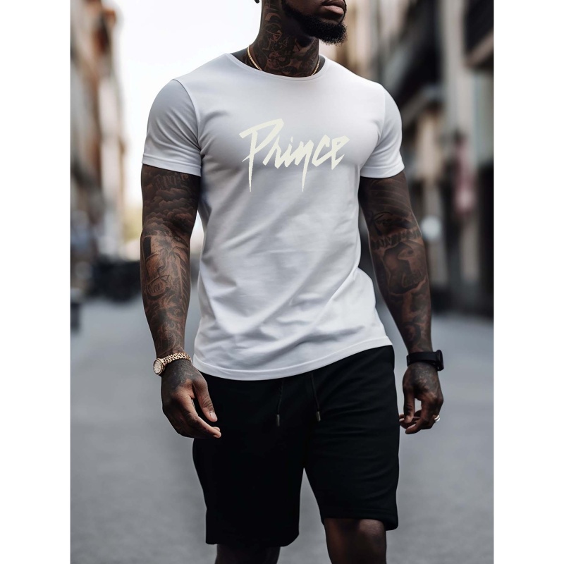 Men's "PRINCE" Graphic Print T-shirt & Shorts Set For Summer, Men's 2Pcs Tracksuit For Workout/outdoor, Men's Clothing, Plus Size