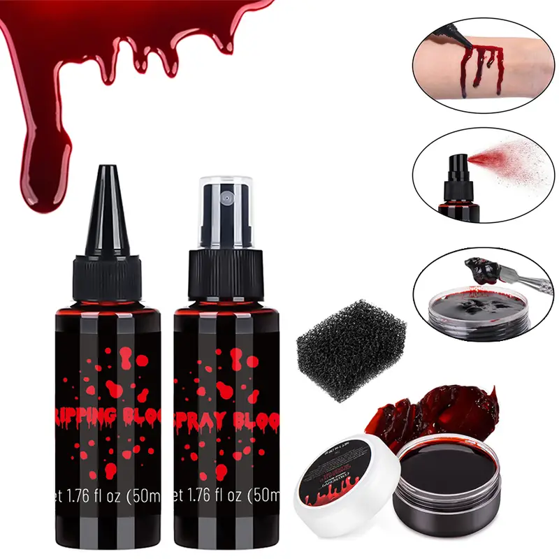 Afflano Fake Blood Halloween Makeup Kit 6 Pcs,Coagulated Blood Gel+Stipple  Sponge+Blood Spray/Splatter for Clothes,Special Effects,Zombie,Vampire  Monster SFX Makeup,Theater,Stage,Film,Costumes,Cosplay