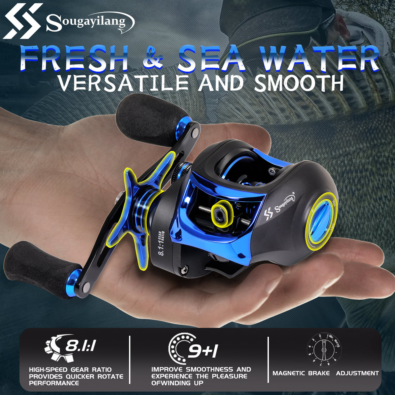 Sougayilang Baitcasting Fishing Reels 7.0:1 High Speed Gear Ratio Max Drag  10Kg with Aluminum Spool All for Fresh/Salt Water