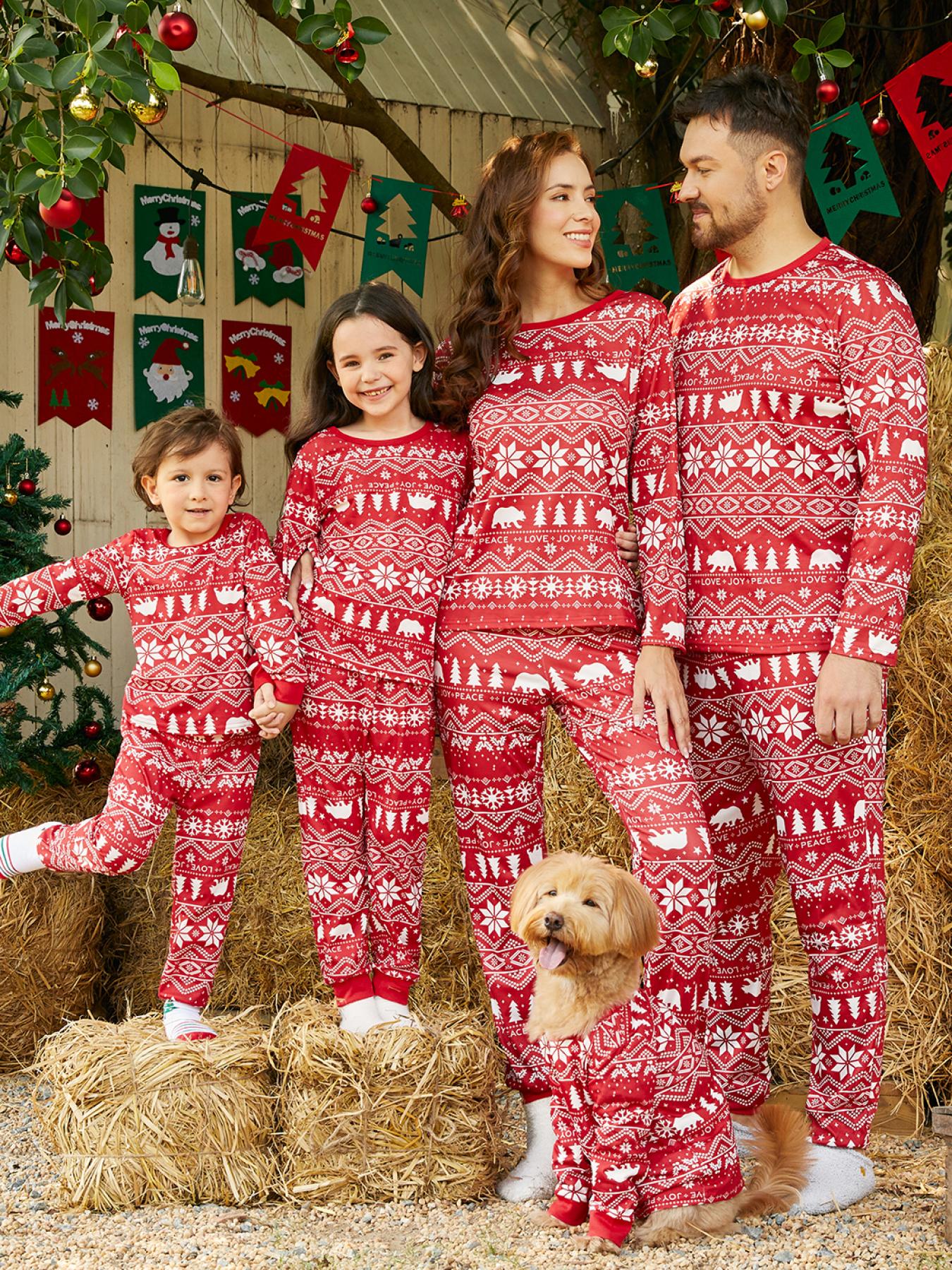 Christmas Snowflake and Letter Print Family Matching Red Raglan Long-sleeve Plaid Pajamas Sets (Flame Resistant)
