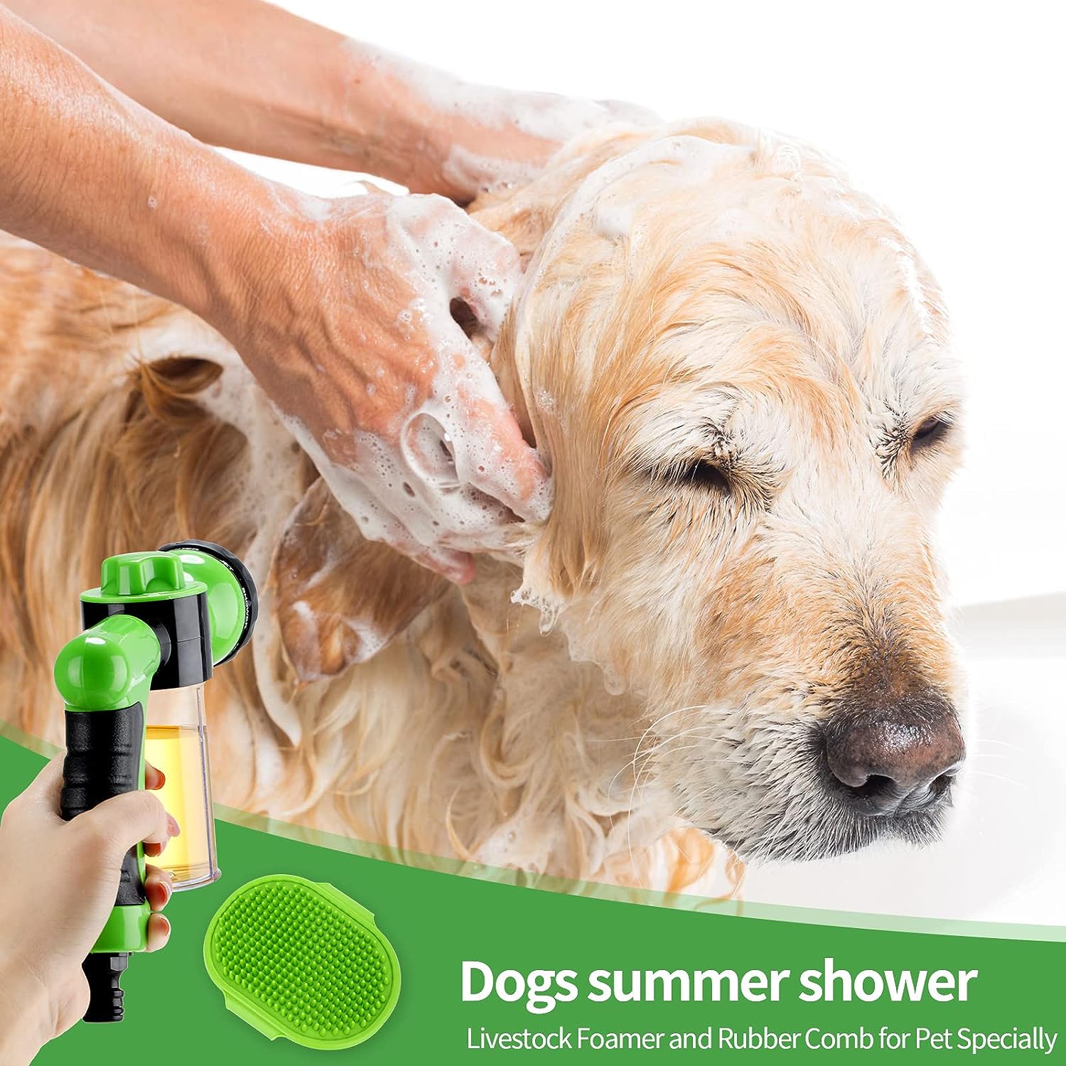 Garden Hose Nozzle, Hose Soap Sprayer Attachment, Car Wash Hose Sprayer with Soap Dispenser Bottle & Dog Rubber Comb Brush, Dog Bathing Sprayer for