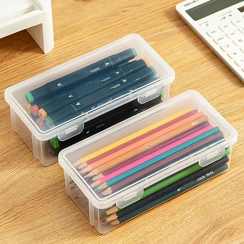 1pc Transparent Plastic Pencil Box, School Office Supplies, Pens Markers  Erasers Tape Stickers Beads Storage Organizer Box, DIY Craft Supplies