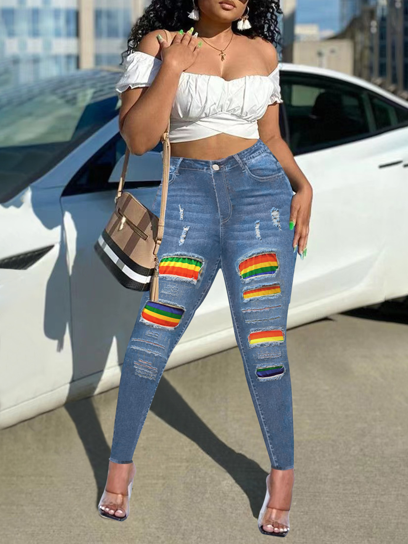 Plus Size Sexy Jeans Women's Plus Rainbow Print Ripped High - Temu