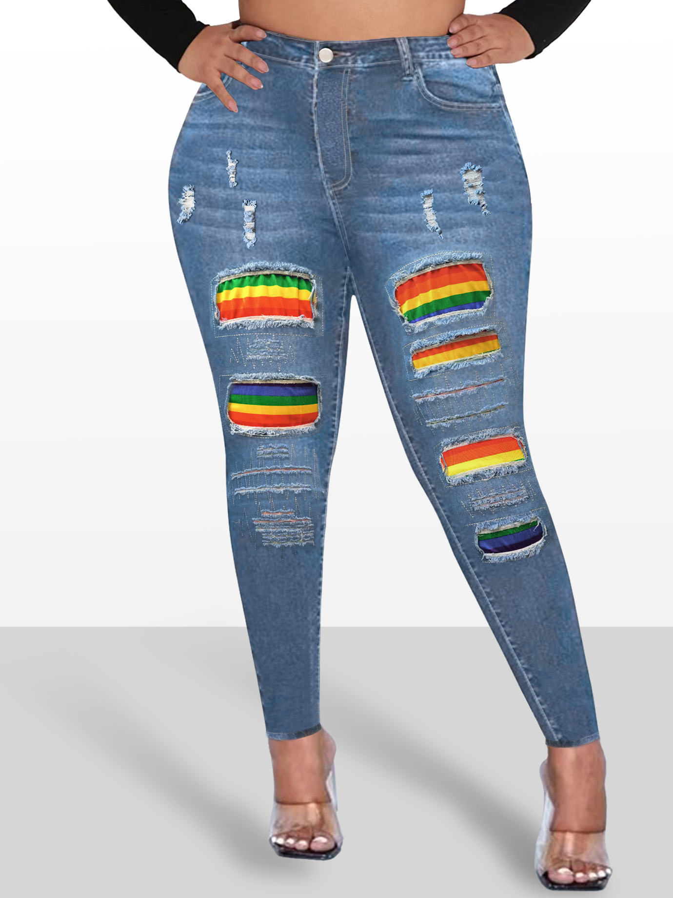 Plus Size Sexy Jeans Women's Plus Rainbow Print Ripped High - Temu
