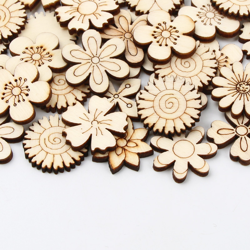 300 Pcs Wooden Embellishments Mixed Flower Leaf Pattern Wooden Scrapbooking  DIY Handmade Crafts Children DIY Graffiti Home Decor