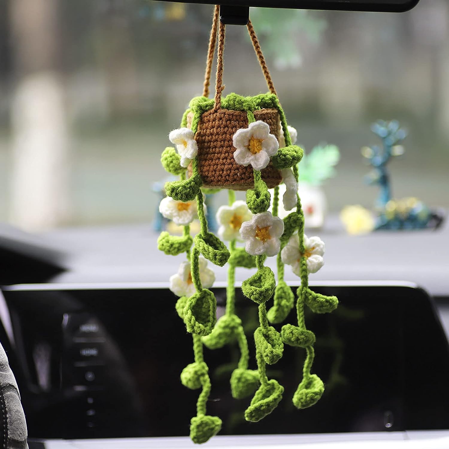 

Cute Crochet Hanging Orchid Potted Plants Crochet Car Mirror Hanging Accessories Handmade Knitted Rear View Mirror Car Accessories