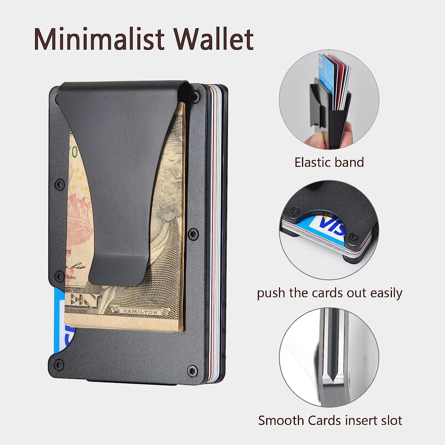 Slim Metal Wallet & Money Clip - Card Holder, Expandable Elastic Strap  Compatible with Apple Airtag