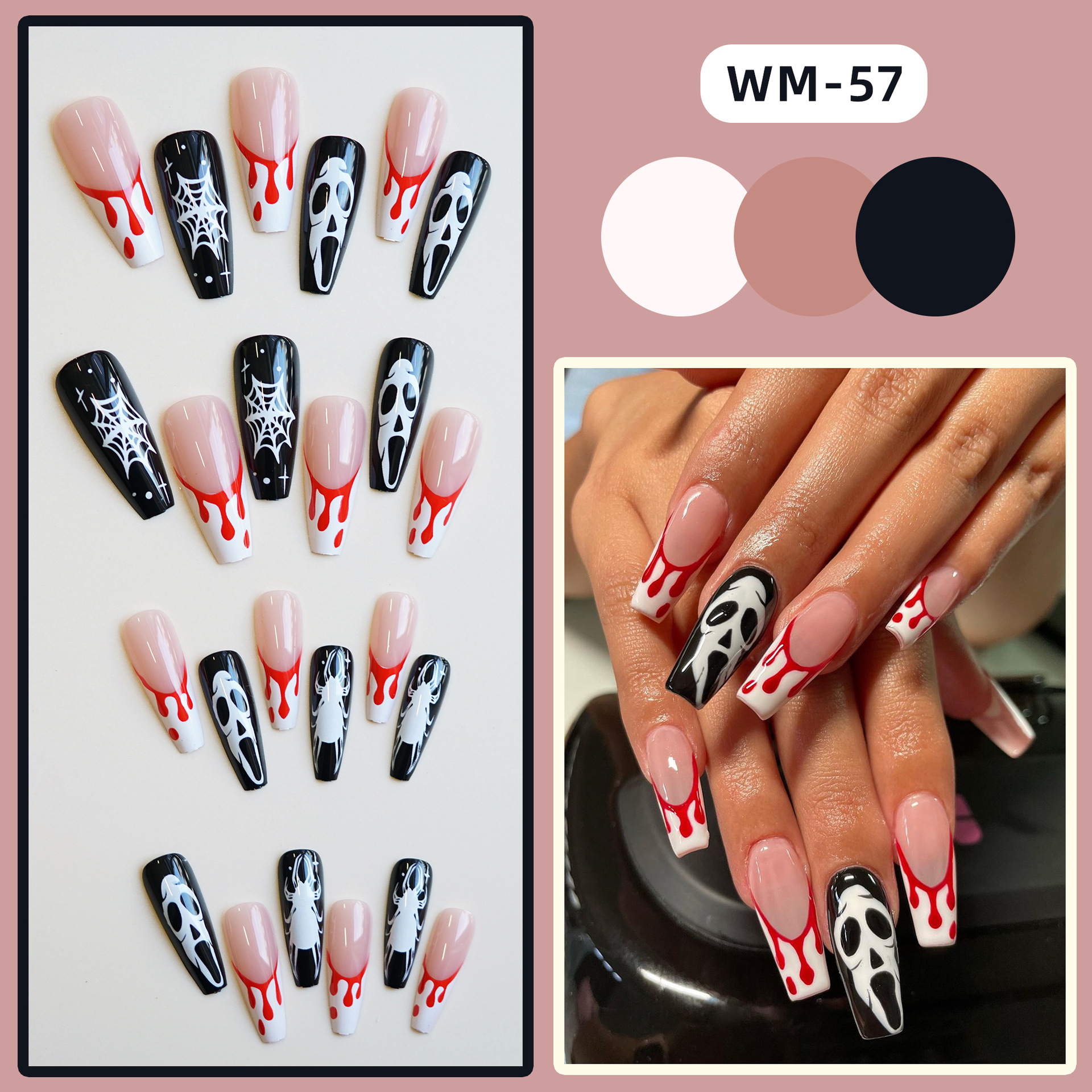 24 Pcs Halloween Coffin Shape Press on Nails,Medium Length Pink Ghost with  Spider Web Designs Ballet Fake False Nails with Glue,Nail Art for Women and  Girls Stick on Nails 