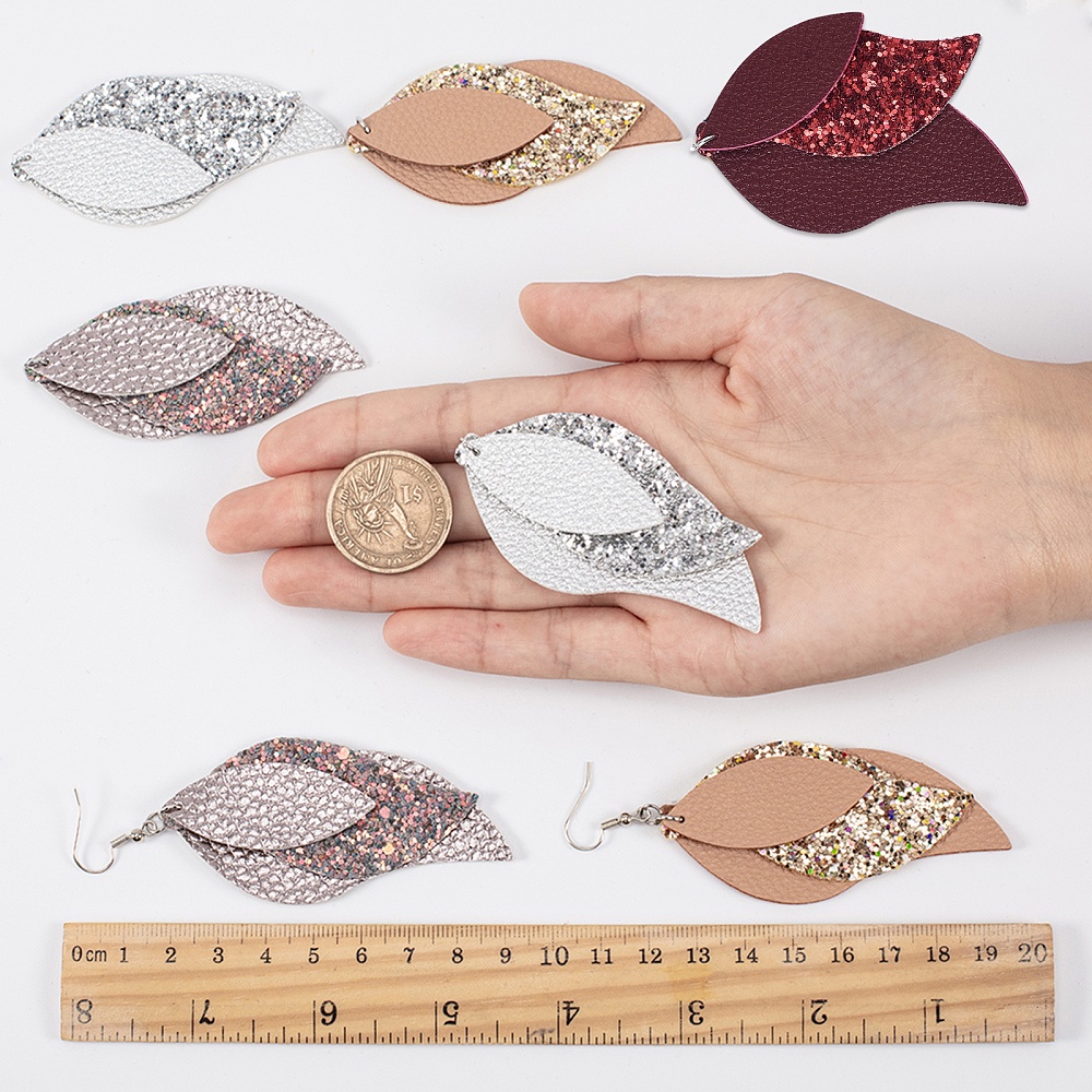 1 Set About 44pcs DIY Dangle Earrings Making Kits, PU Leather Big Pendants  With Sequins/Paillette & Platinum Tone Iron Loop & Brass Earring Hooks & Ir