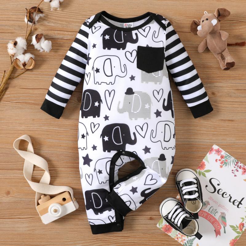 

Patpat Baby Boy All Over Cartoon Elephant Print Striped Long Sleeve Cute Jumpsuit