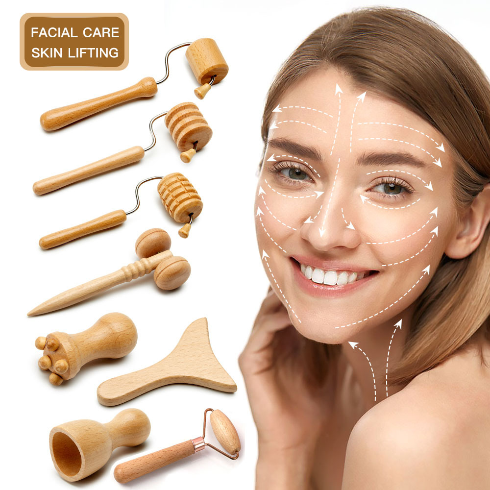 

8pcs Wooden Face Spa Massager, Maderoterapia Face Slimming Massage Roller, Wood Therapy Gua Sha Facial Lifting Stick Wrinkle Remover