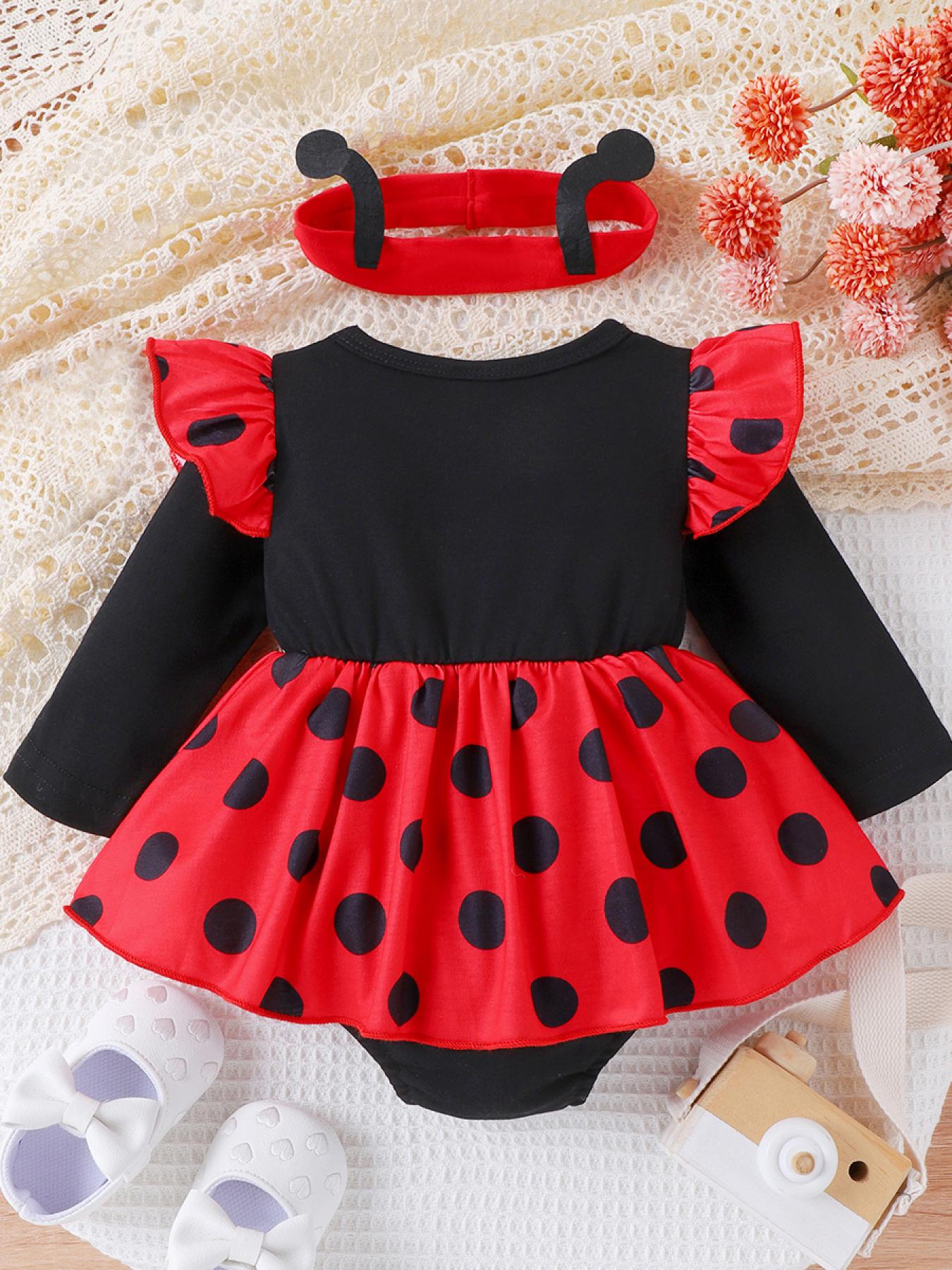 2pcs Baby Girl Allover Ladybug Print Long-sleeve Dress with Rib Knit Leggings Set