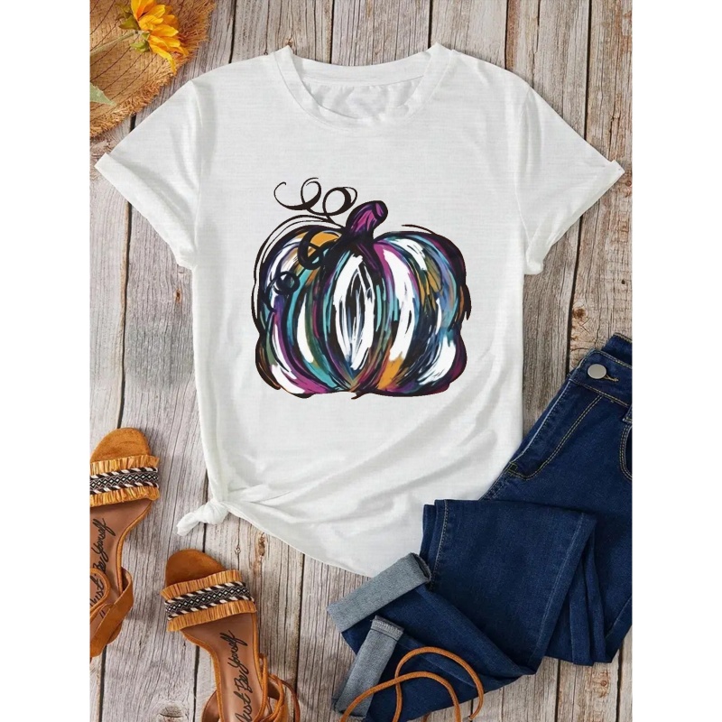 

Plus Size Halloween T-shirt, Women's Plus Brush Pumpkin Print Short Sleeve Round Neck T-shirt