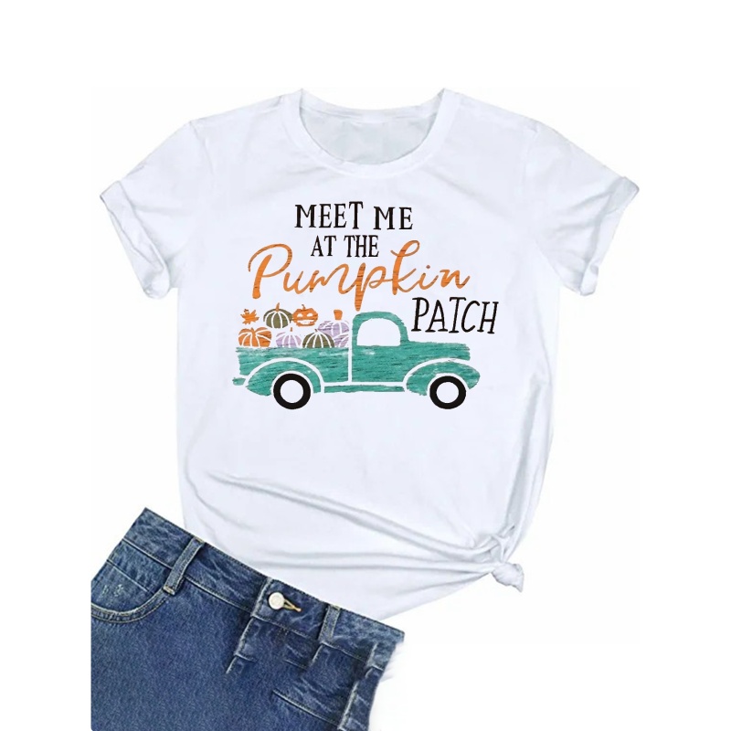 

Plus Size Halloween T-shirt, Women's Plus Cartoon Pumpkin & Slogan Print Short Sleeve Round Neck T-shirt