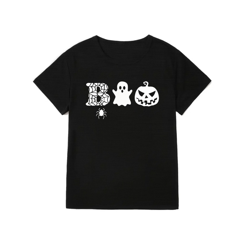 

Plus Size Halloween T-shirt, Women's Plus Ghost & Pumpkin & Letter Print Short Sleeve Round Neck T-shirt