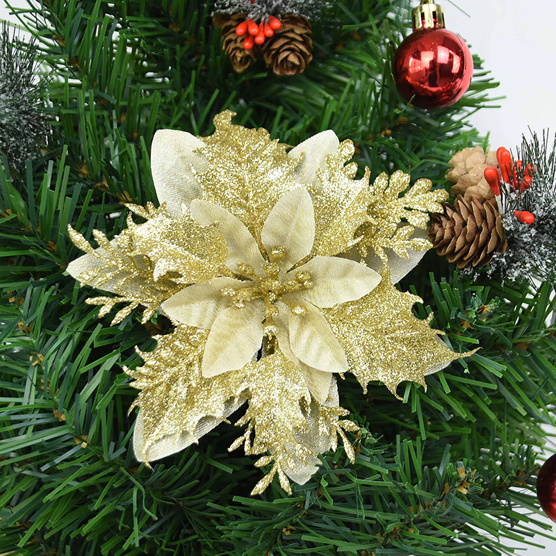 10 Pcs Christmas Glitter Poinsettia Flowers Artificial Christmas Flowers  Decorations Holiday Wedding Xmas Tree New Year Ornaments