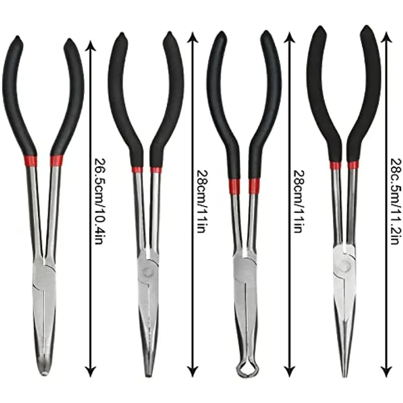 4pcs/set Long Needle Nose Pliers Set, 4 In 1 Bent Needle Nose Pliers 90  Degree, 11 Inch Spark Plug Wire Removal Tool