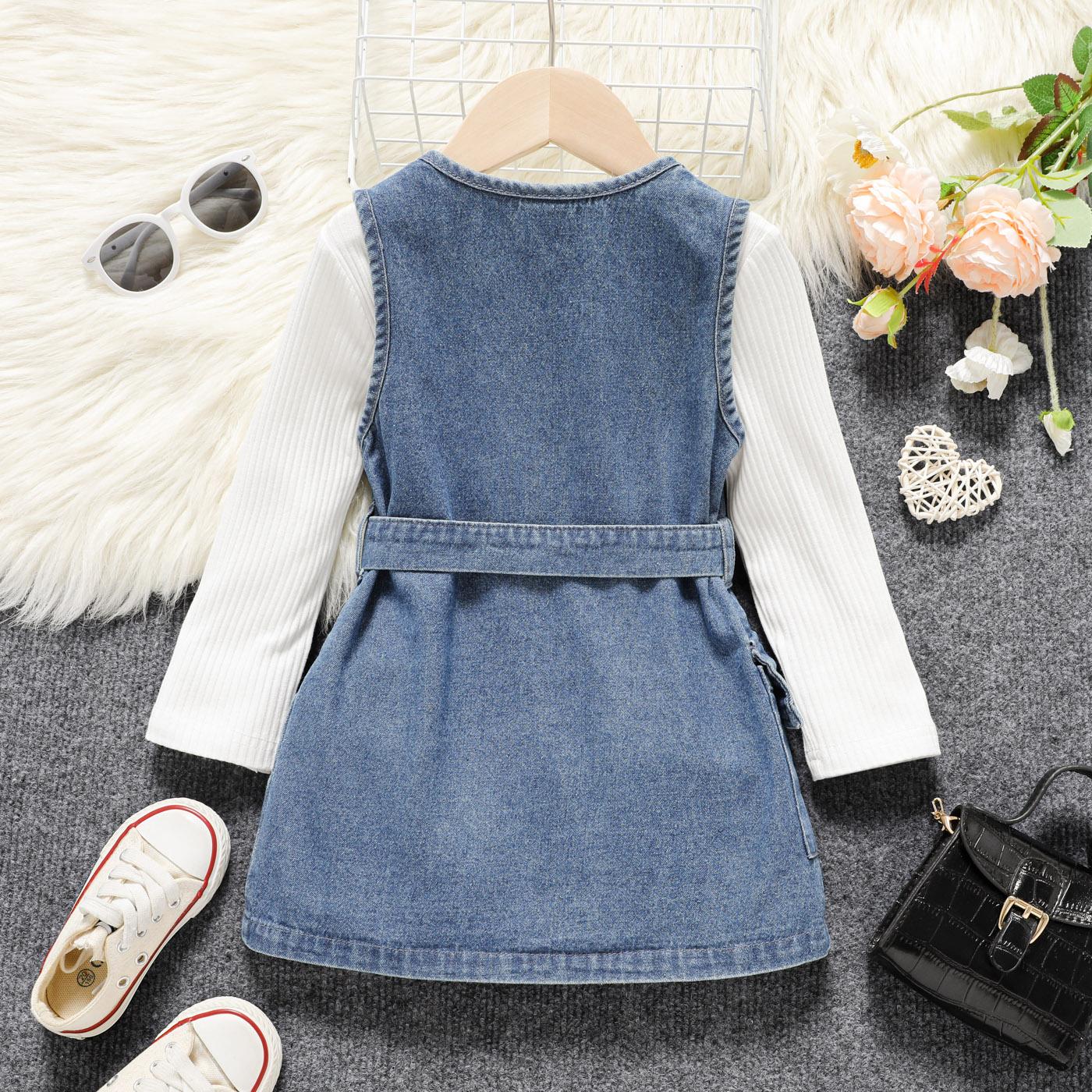 2pcs Baby Girl 95% Cotton Rib Knit Long-sleeve Romper and Double Breasted Belted Denim Tank Dress Set