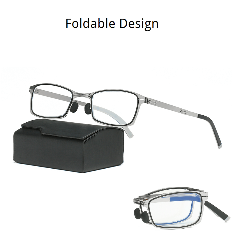 1pc Metal Squared Frame Presbyopia, Foldable With Case, Unisex Men Women  Blue Light Blocking Corrective Eyeglasses, Reading Glasses