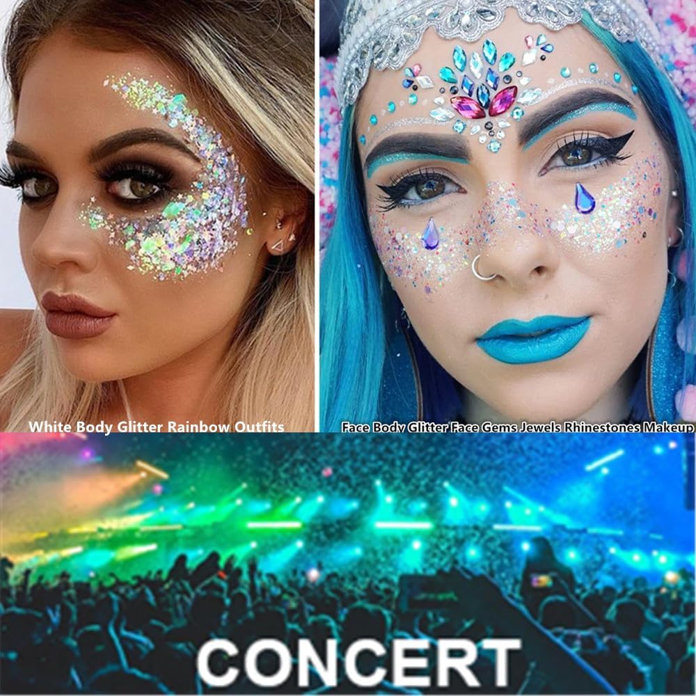 MEICOLY 2pcs Face Body Glitter,Singer Concerts Festival Rave  Accessories,Mermaid Face Glitter Gel,Sparkling Sequins Glitter Face  Paint,Holographic