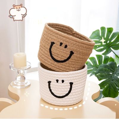1pc happy face woven storage basket perfect for desktop cosmetic dormitory and office organization