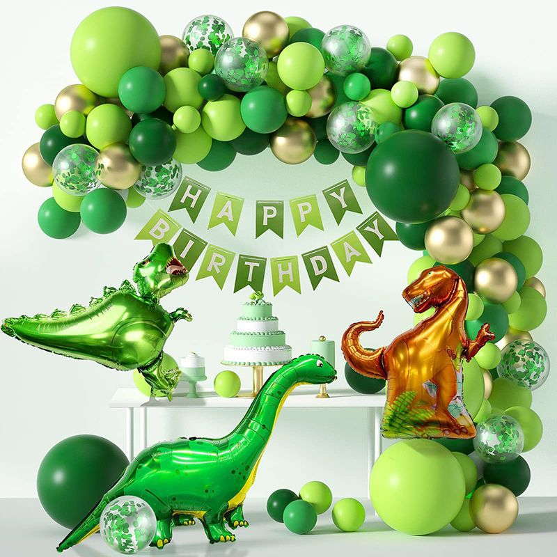 Decoración de fiesta de dinosaurio con globos de látex de  dinosaurio, globos de aluminio, pancarta de dinosaurio, decoración de  pastel, calcomanías de tatuaje luminosas de dinosaurio, suministros de  fiesta de cumpleaños