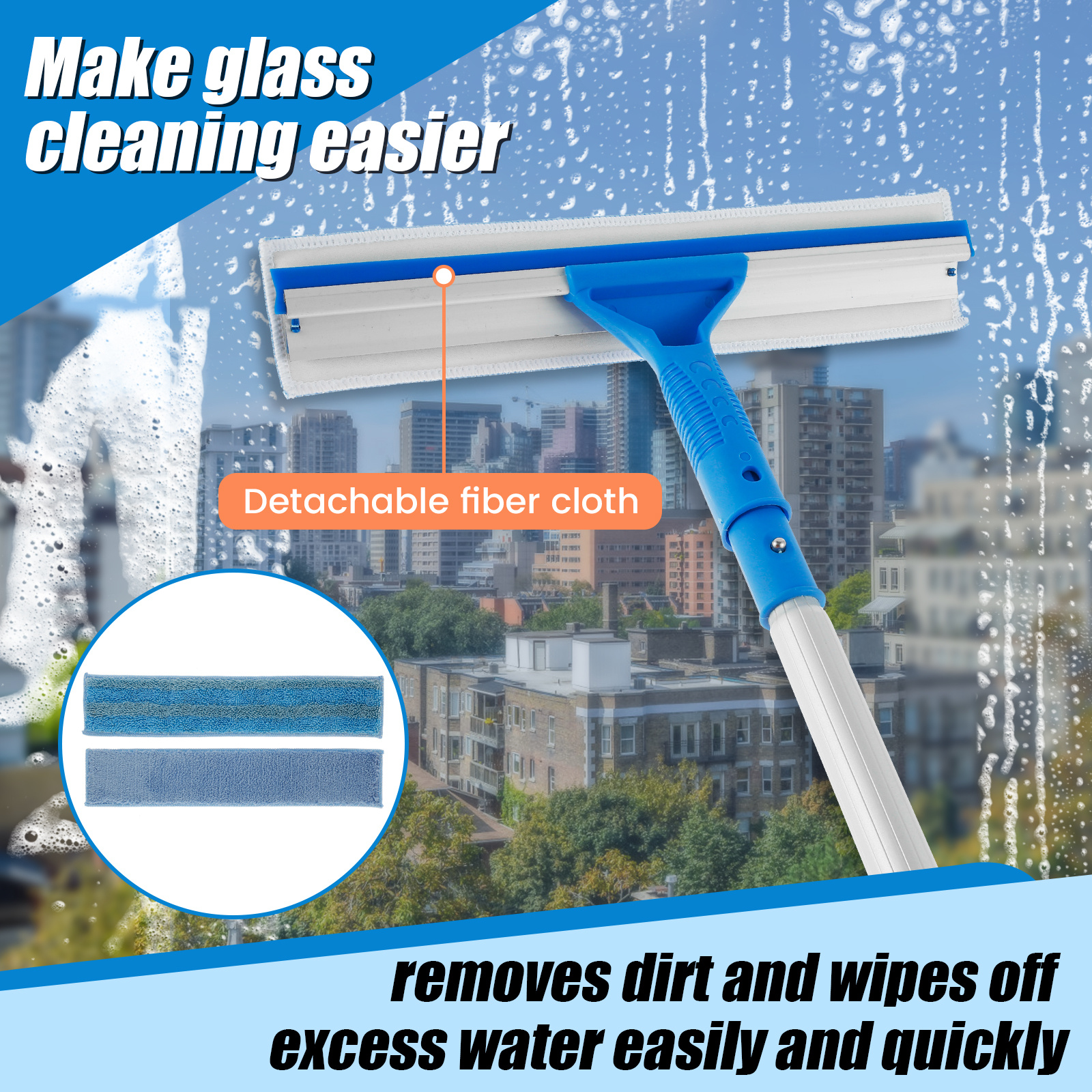 All Purpose Window Squeegee with 58 inch Long Handle, 2 Microfiber