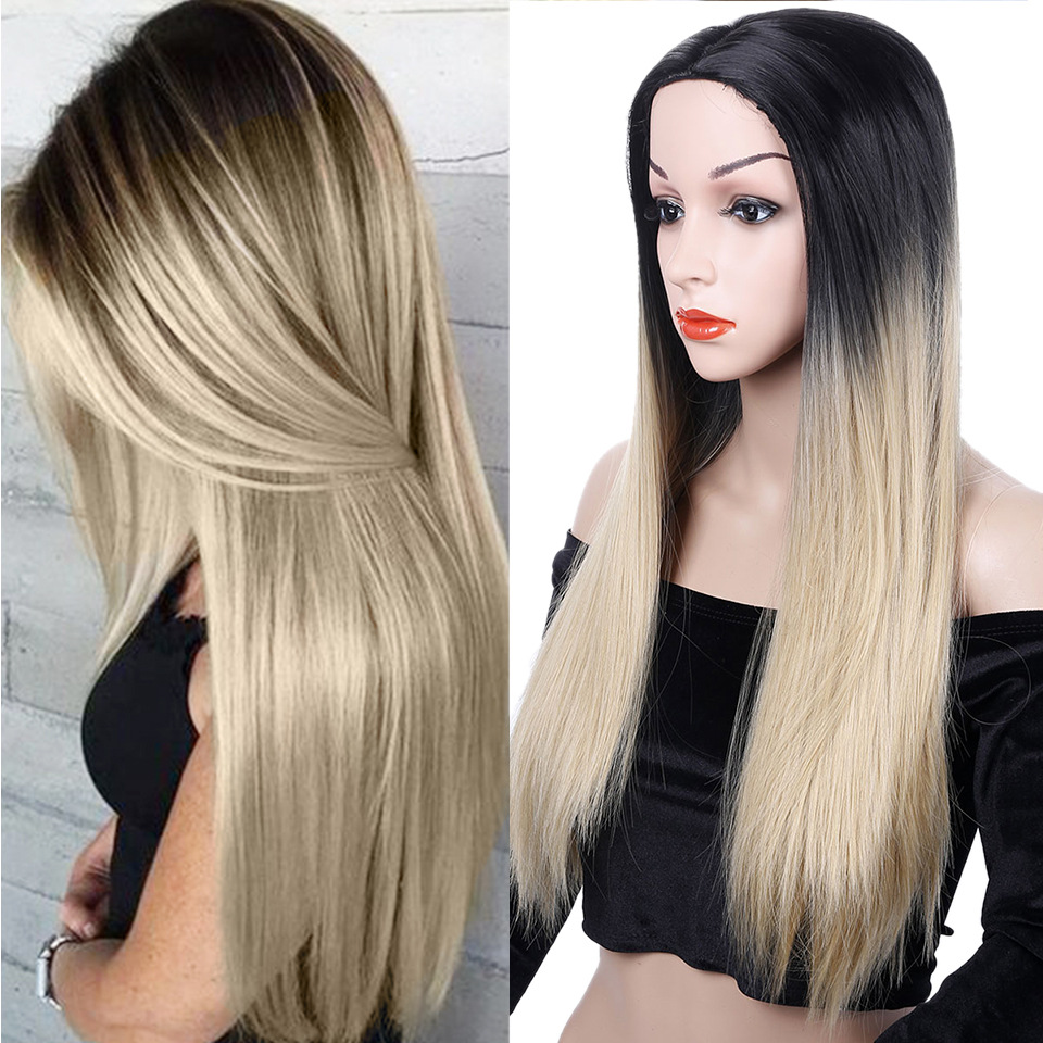 Women Long Straight Hair Wigs Ladies Natural Ombre Blonde Brown Wig