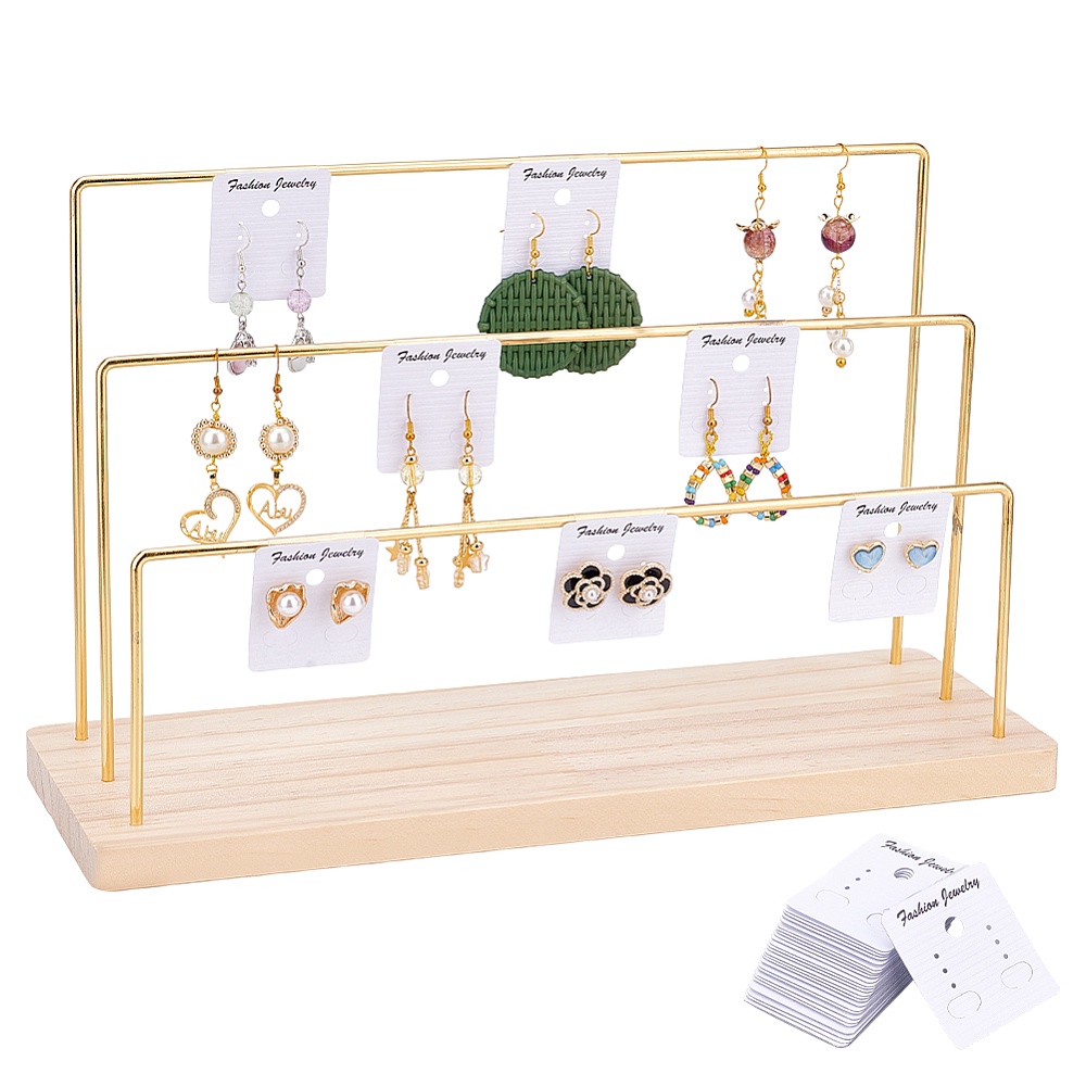 Soporte de exhibición plegable de madera de la joyería con 32 ganchos  extraíbles, tarjetas de pendientes collar pulsera llavero escaparate  organizador