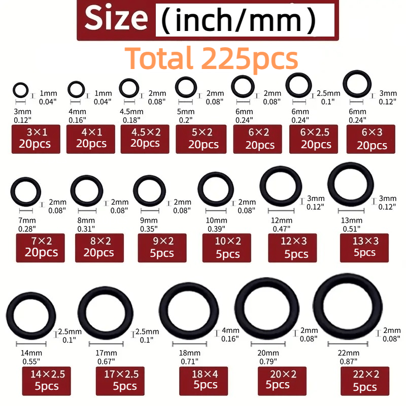 225 Stück Gummi-O-Ringe, 18 Größen O-Ring-Sortiment-Kit, Dichtung,  universelles O-Ring-Sortiment