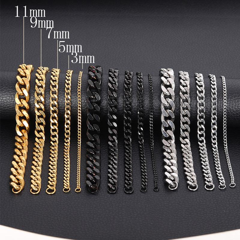 3/5/7/9/11mm Silver Black Gold Chain Stainless Steel Bracelet for Mens Curb  Link 