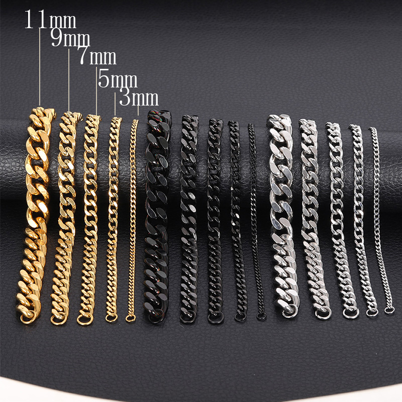 3/5/7/9/11mm Silver Black Gold Chain Stainless Steel Bracelet for Mens Curb  Link