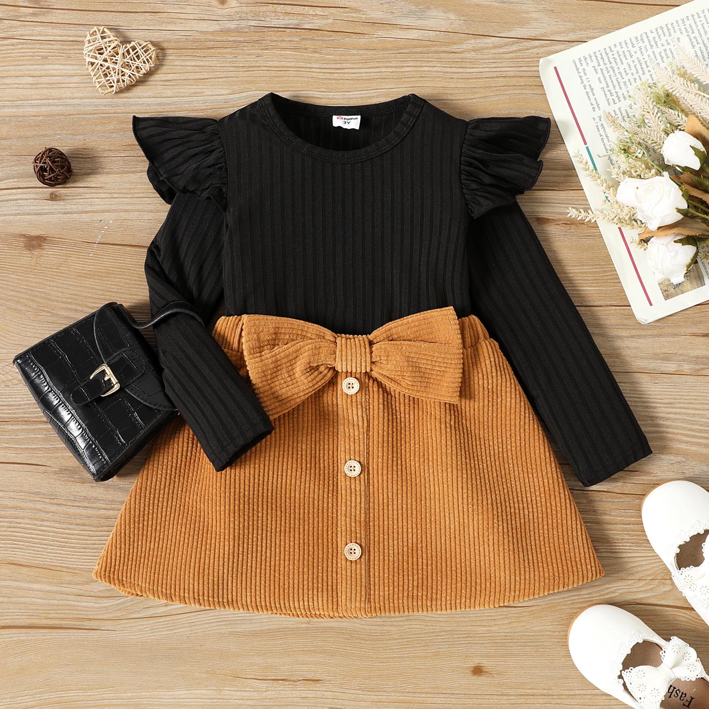 Toddler Girl Bowknot Design Side Slit Black Sweatshirt Dress